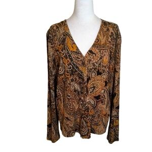 Coldwater Creek V-Neck Paisley Blouse - Brown and Black